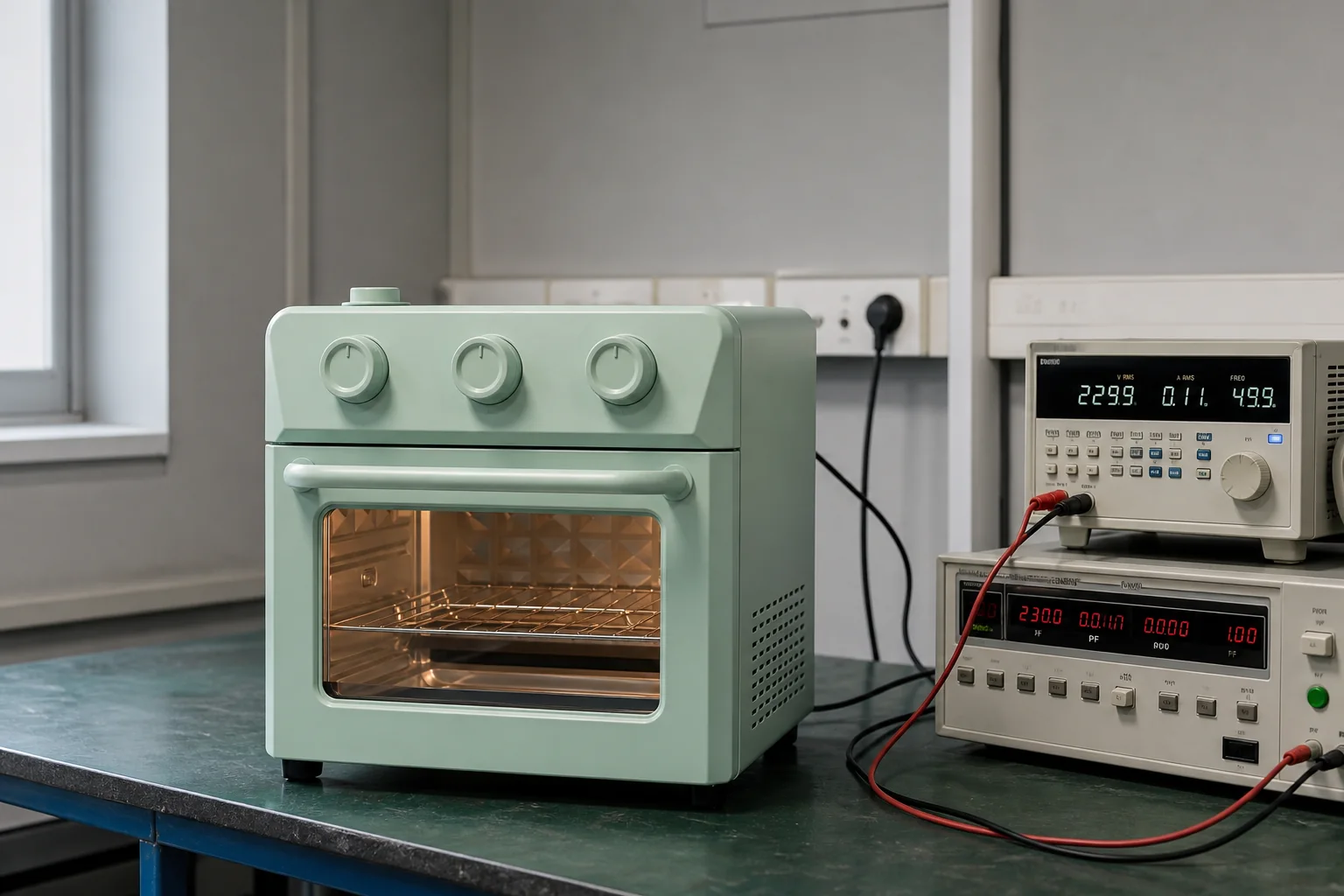 LINDEN countertop oven connected to a laboratory power analyser and variable AC supply