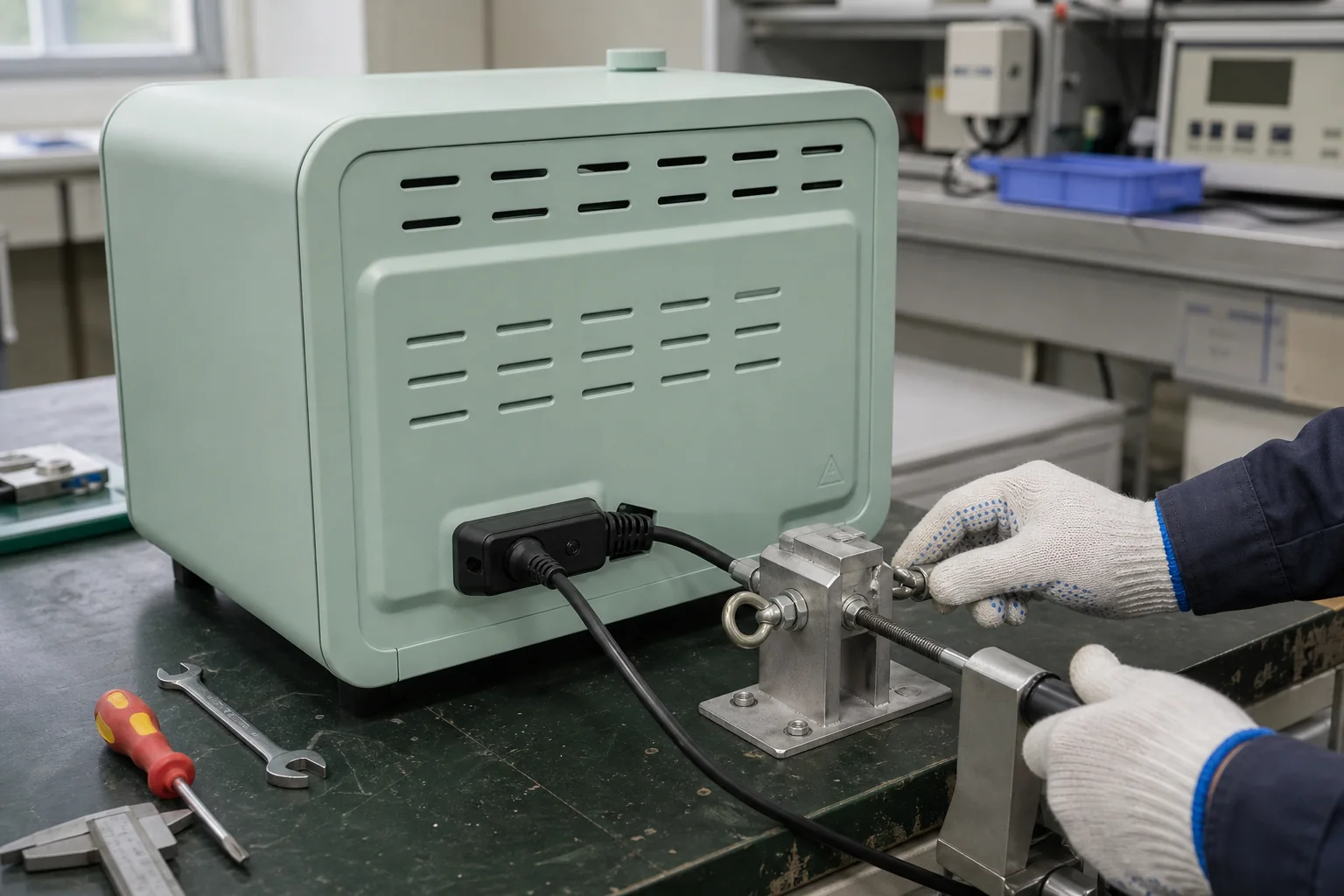 Rear of a LINDEN oven during a realistic power cord strain relief and temperature-rise inspection