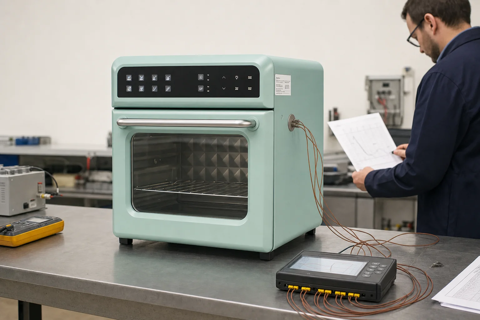 Realistic oven laboratory scene with calibrated thermocouples, a data logger and an engineer reviewing results