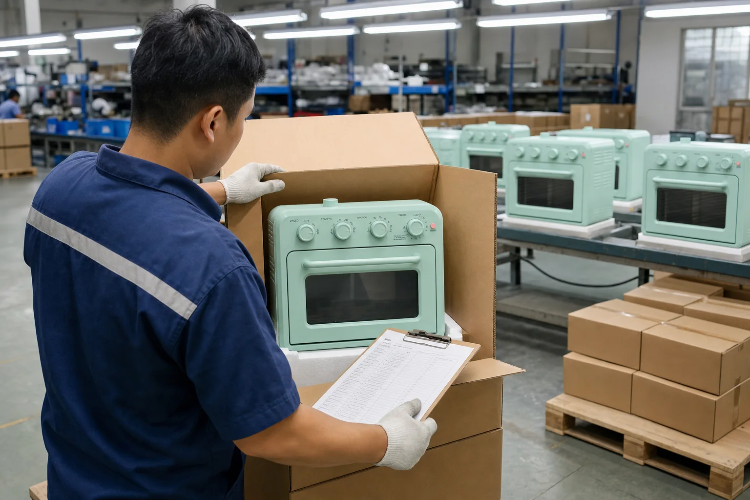 Natural factory photograph of an inspector sampling finished LINDEN ovens and cartons on a production floor
