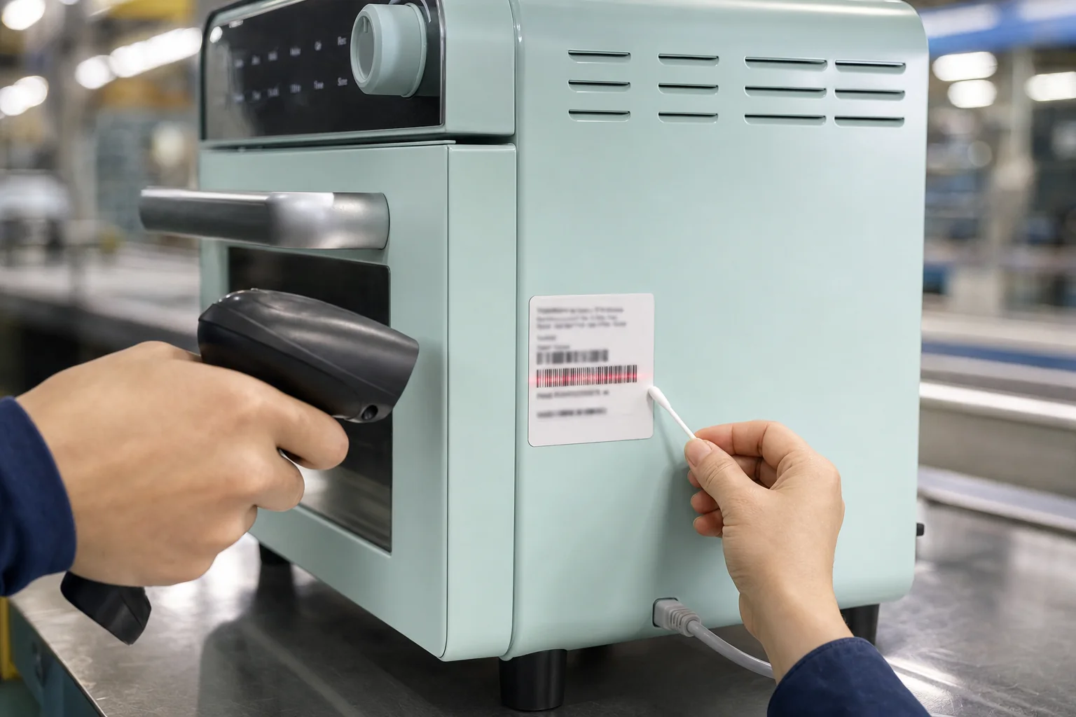 Close-up documentary photograph of a durable rating label and serial code being checked on a LINDEN oven