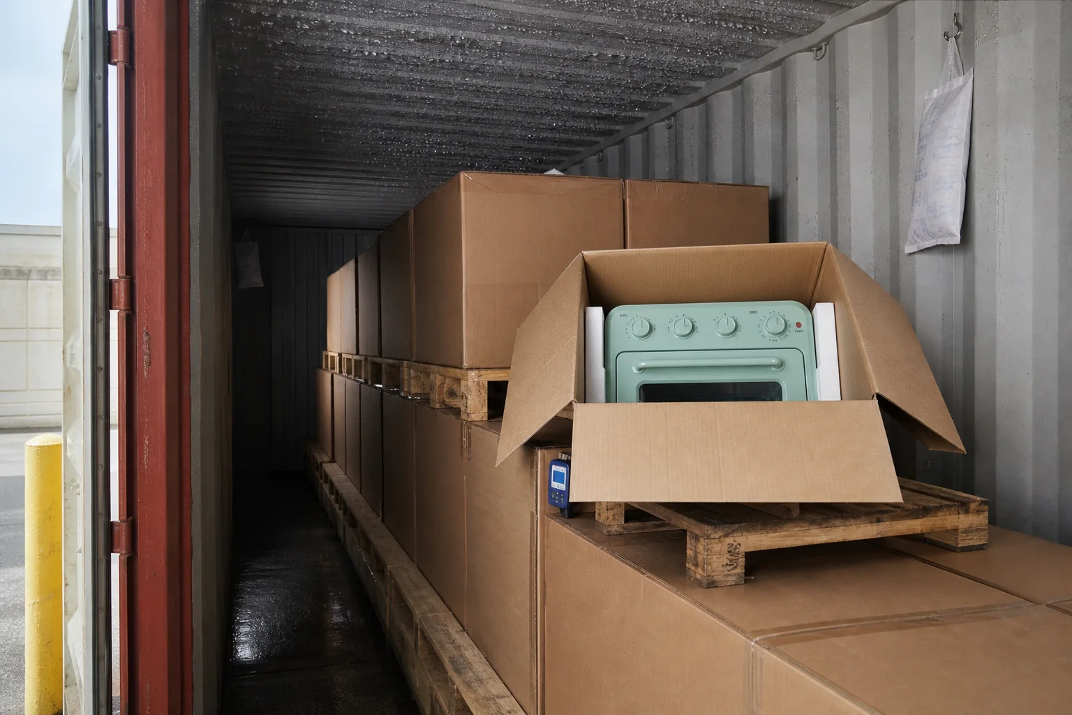 Realistic shipping container loaded with LINDEN oven cartons and visible roof condensation controls