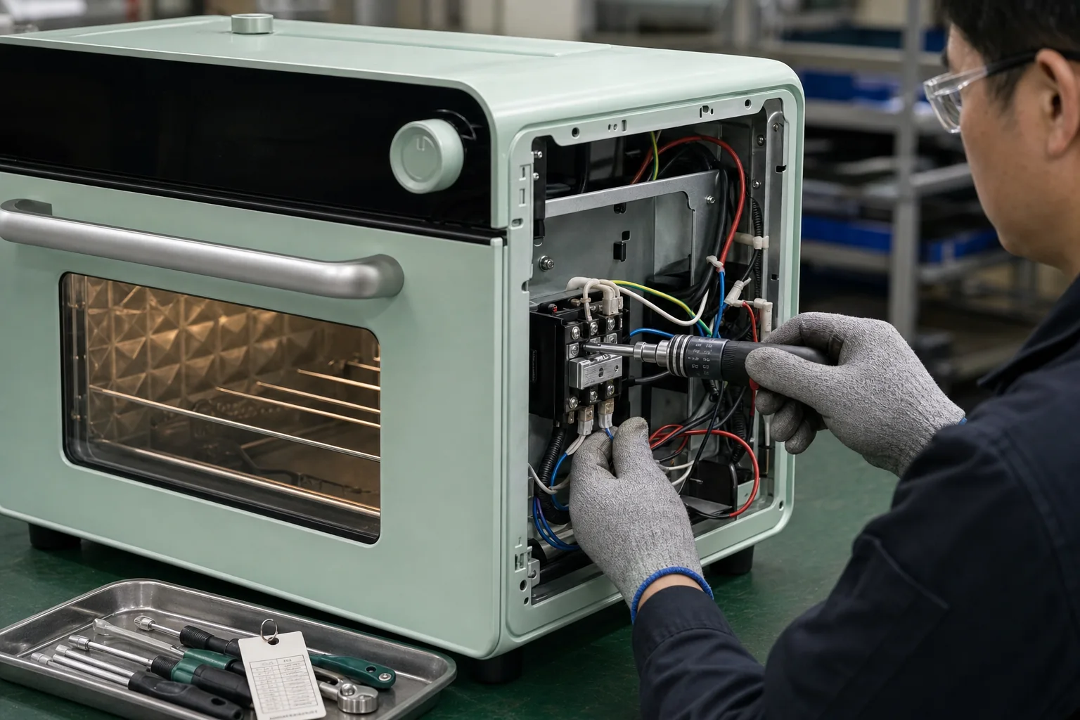 Documentary factory close-up of a technician tightening a LINDEN oven electrical terminal with a calibrated torque tool