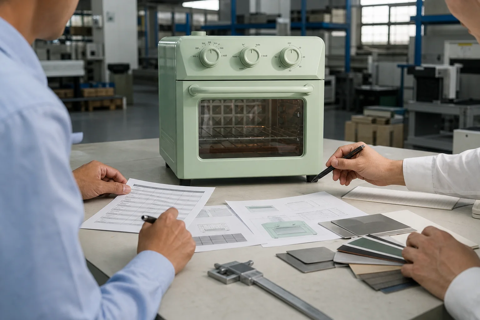 Oven OEM buyer reviewing an RFQ beside a countertop oven sample