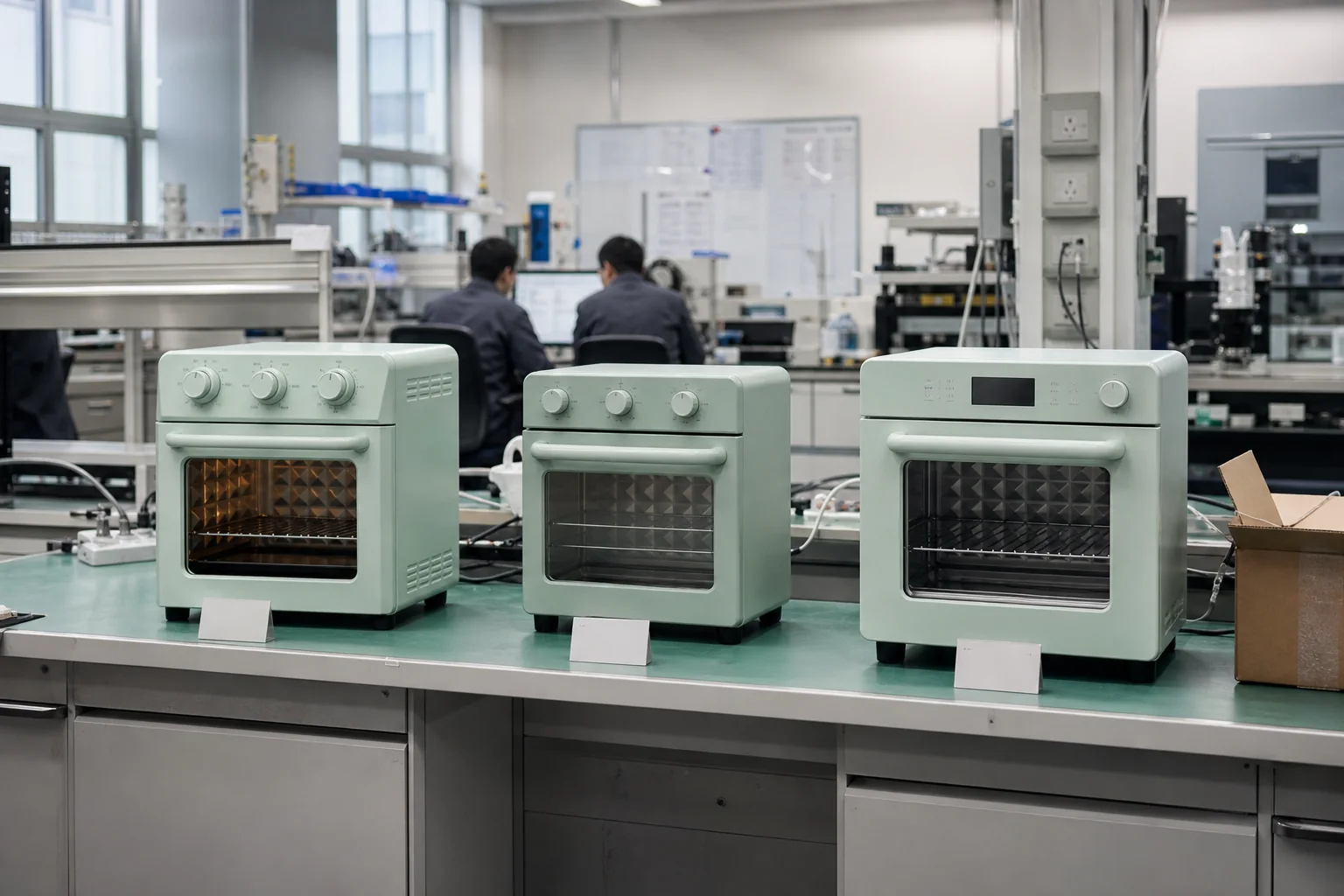 Several oven samples at different development stages in a factory review area