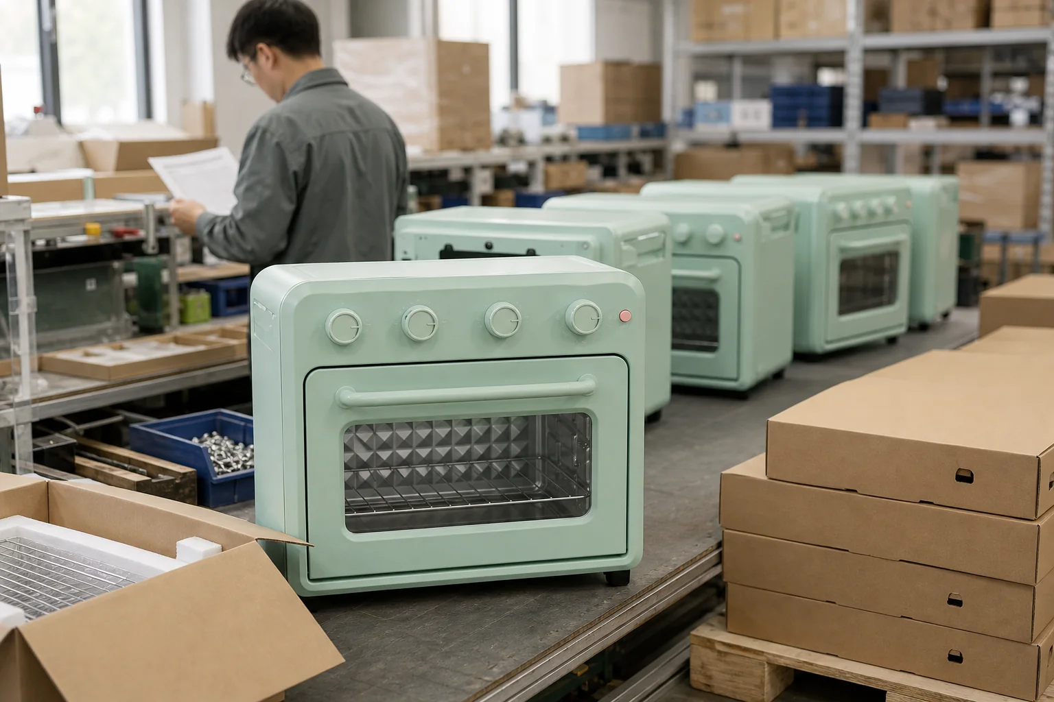 Countertop ovens and component cartons prepared for an OEM production order