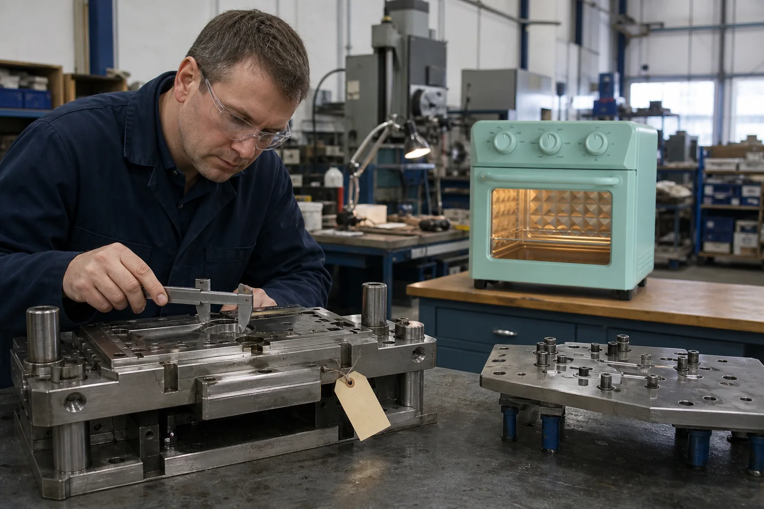 Oven tooling and approved product sample in a manufacturing workshop