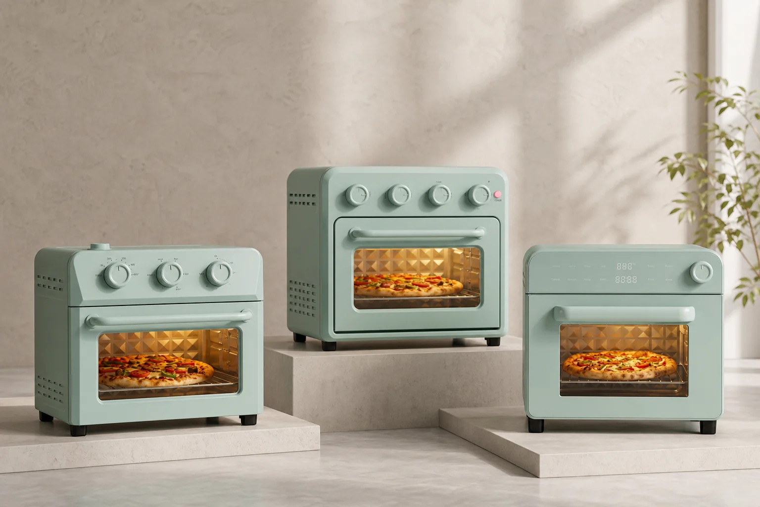Three coordinated countertop oven models presented as a product range