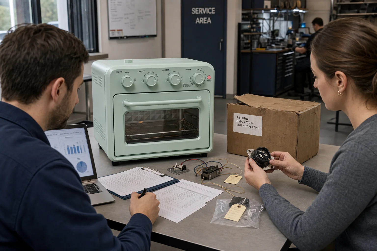 After-sales analyst reviewing oven return data and service components